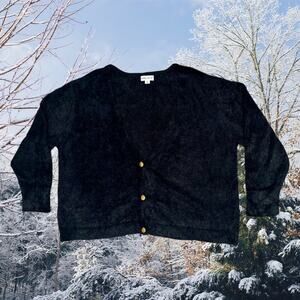 Ava & Viv Women's 3X Black 3 Gold Button Up Cropped Faux Fur Cardigan Sweater